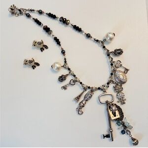 Artisan Statement Crystal & Charm Necklace With Owl Earrings Silver-Tone Black